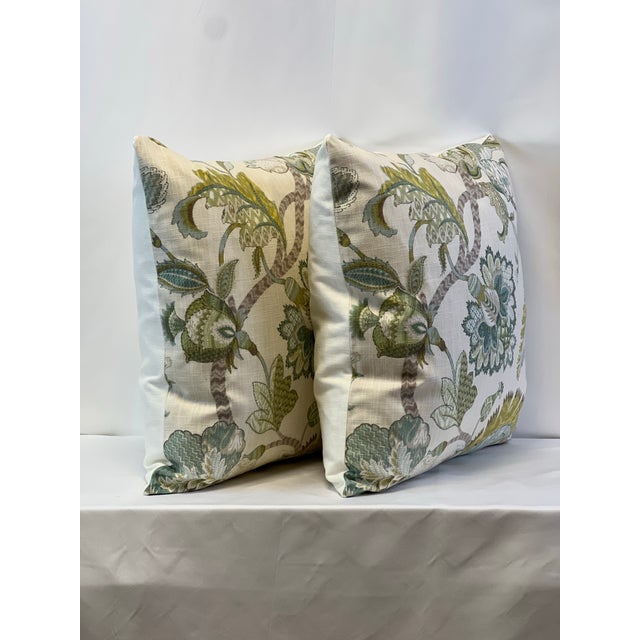 Custom-tailored handcrafted 20”x20” pillows in Jacobean floral “Floriana Mineral”attributed to P.Kaufmann linen blend...