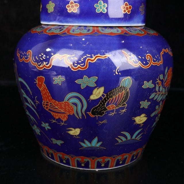 Blue Ground Doucai Rooster Family Porcelain Ginger Jar, Chinoiserie Lidded Canister For Sale In New York - Image 6 of 9