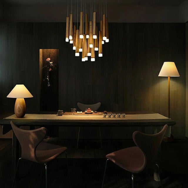 Oak Wood Cascading Led Chandelier, Modern Multi Light Pendant, Natural Wood Ceiling Light, 16 24 32 Light For Sale - Image 4 of 6