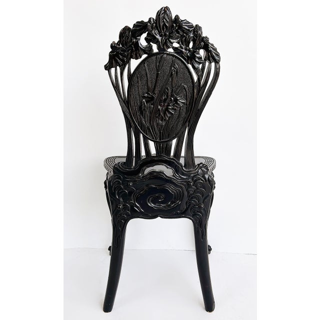 Early 20th Century Chinese Heavily Carved Ebonized Chair With Art Nouveau Influence, Greek Key Trim For Sale In Miami - Image 6 of 15