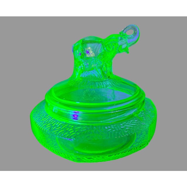 Vintage Uranium Vaseline Art Glass Covered Powder Jar Dish W Figural Elephants For Sale - Image 6 of 7