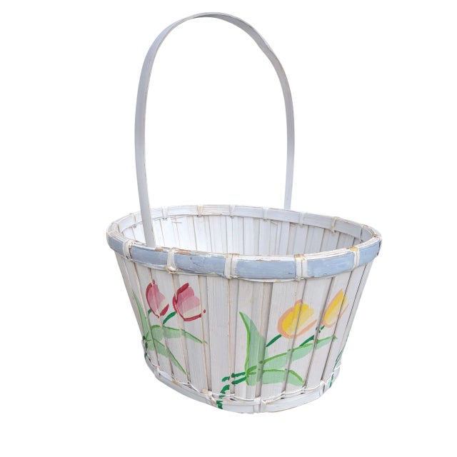 Vintage Hand Painted Tulip Easter Basket With Handle For Sale - Image 9 of 14