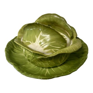 1960's Majolica Trompe-l'Oeil Cabbage Tureen and Underplate- 2 Pieces For Sale