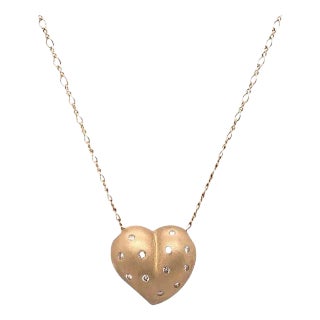 14 Karat Yellow Matte Gold Heart Charm Necklace With Round Diamonds 0.50 TDW For Sale