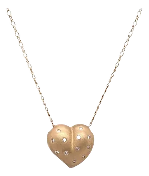 14 Karat Yellow Matte Gold Heart Charm Necklace With Round Diamonds 0.50 TDW