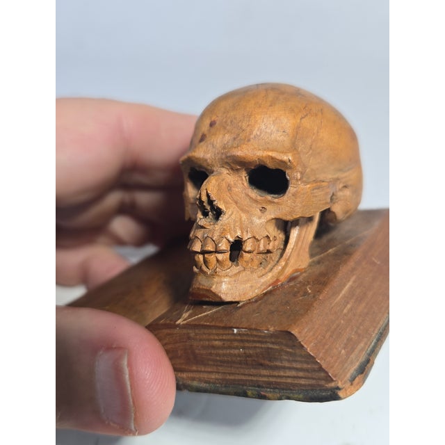 Brown Rare German Early 20th C Momento Mori Hand Carved Wooden Sculpture For Sale - Image 8 of 11