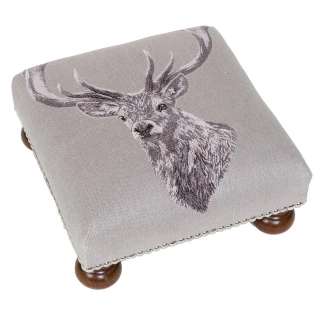 English 00 Rustic Style Stag Motif Country Linen Tapestry Footstool For Sale - Image 3 of 3