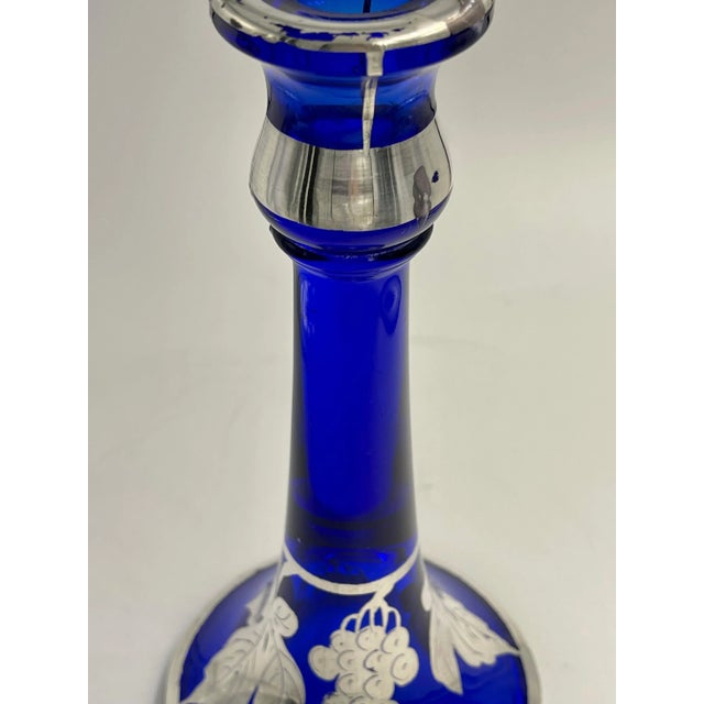 Silver Overlay Colbalt Blue Grape and Leaf Candlestick Candle Holders - A Pair For Sale - Image 9 of 10