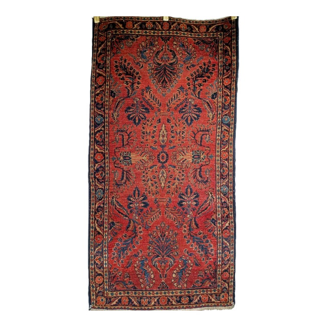 Antique Persian Sarouk Lilian Area Rug, Handwoven Allover Floral Pattern, Red & Navy, 2’ X 4’ For Sale