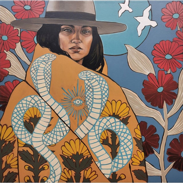 Beneath the Sun, Upon the Sand by Maya Ripley | Acrylic on Canvas Portrait of a woman with snakes and flowers For Sale