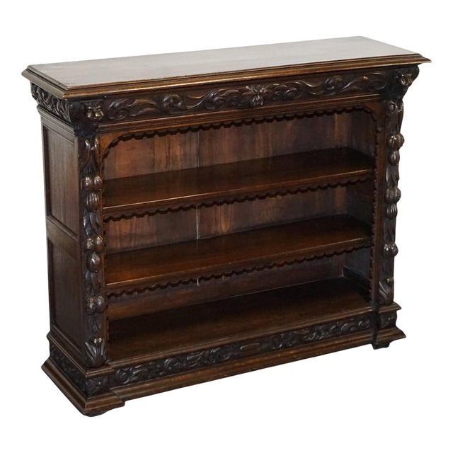 Antique Oak Greenman & Lionheads Dwarf Open Bookcase, 1880 For Sale