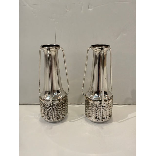 Antique Art Deco German Silver Plate Vases - Pair. 1990s, Professional clear lacquer finish has been put on them to keep...
