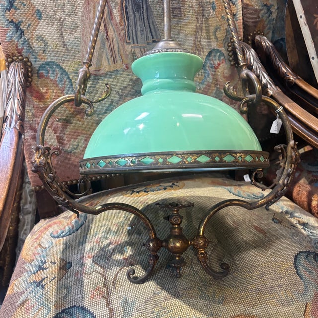 Glass Antique Art Nouveau Bronze Pendant Light with Foliage, 1920s For Sale - Image 7 of 12