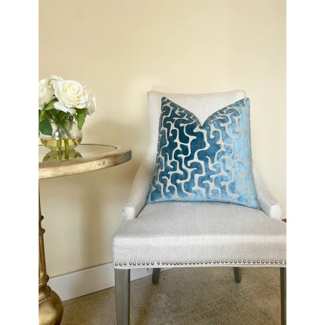 Contemporary Mediterranean Maze Velvet Throw Pillow With Feather Down Insert For Sale - Image 3 of 3