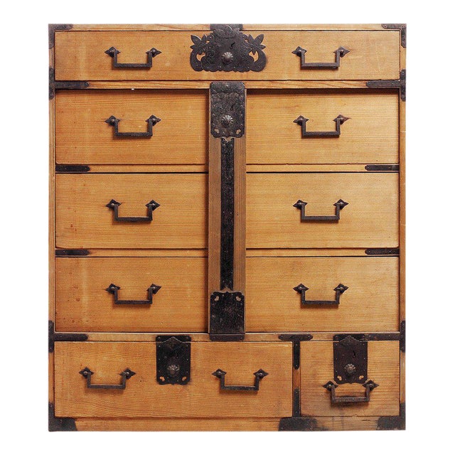 Antique Japanese Merchants Chest With Incised Iron Hardware From
