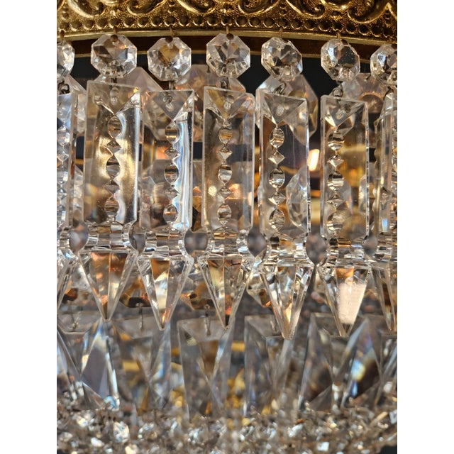 1930s Low Plafonnier Crystal Chandelier Brass Lustre Ceiling Art Deco Gold For Sale - Image 11 of 12