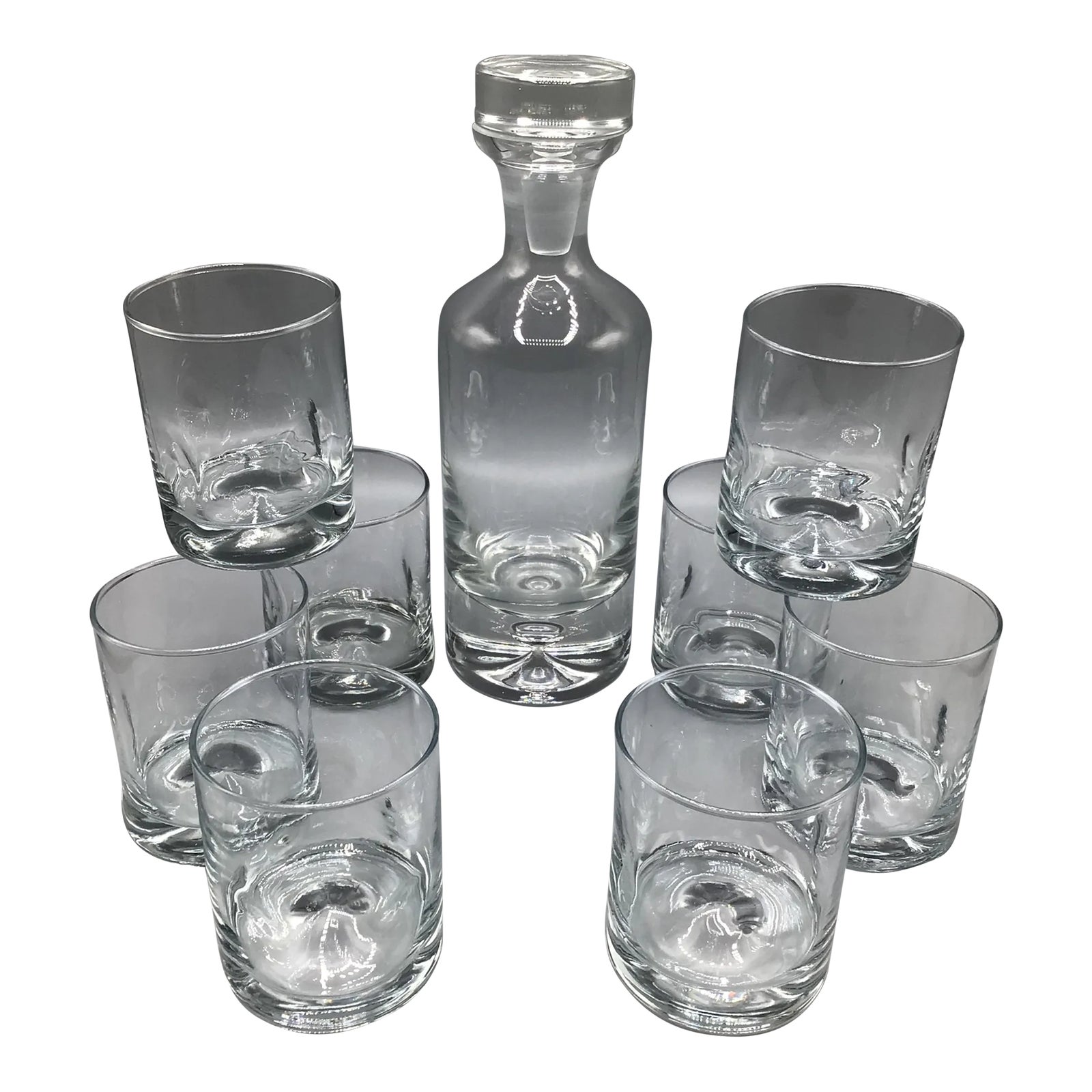 Vintage Krosno Clear Glass Bubble Bottom Decanter and 8 Crisa Dimple