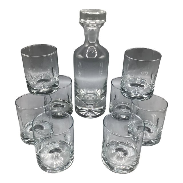 Vintage Krosno Clear Glass Bubble Bottom Decanter and 8 Crisa Dimple