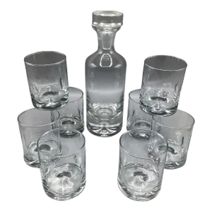 Vintage Krosno Clear Glass Bubble Bottom Decanter and 8 Crisa Dimple Bottom Bourbon/Whiskey Glasses - Set of 9