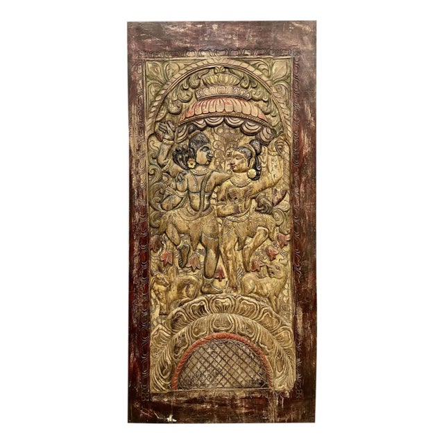 Hand-Carved Shiva Parvati Barn Door – Vintage Indian Wall Sculpture & Holistic Wall Art 84x41 For Sale
