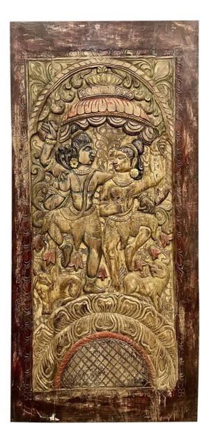 Hand-Carved Shiva Parvati Barn Door – Vintage Indian Wall Sculpture & Holistic Wall Art 84x41