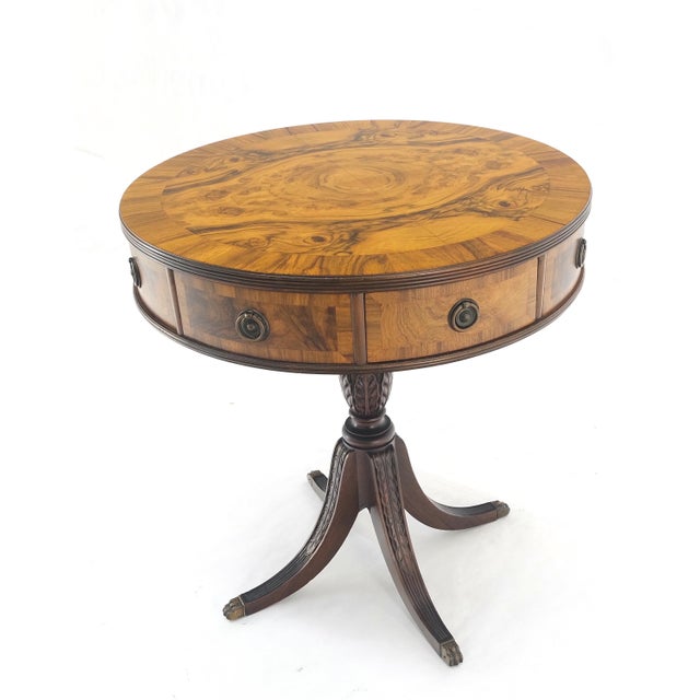 Walnut Round Drum Center Side Table Stand w/ Drawers Johnson Furniture Mint! For Sale - Image 6 of 13