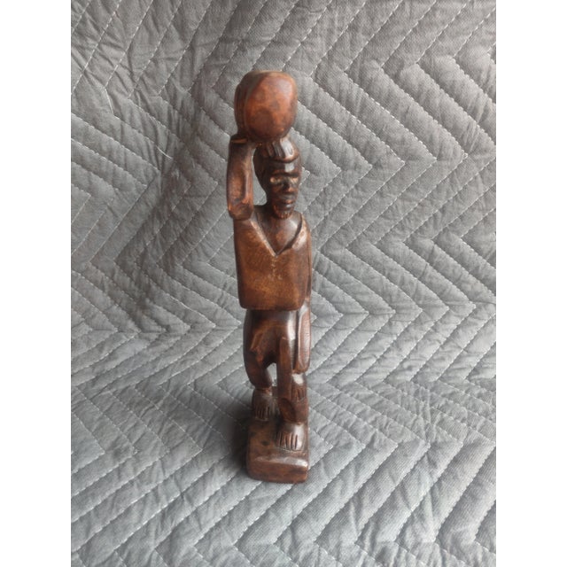 Mid Century Hand Carved Wooden Man With drum On Head 3in x 1.5inx 10.75in