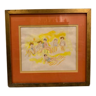 Vintage Mid-Century Watercolor Beach Scene - Framed Bathers Illustration For Sale