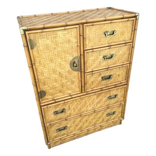 Boho Chic Herringbone Wicker Faux Bamboo Highboy Dresser by Dixie For Sale
