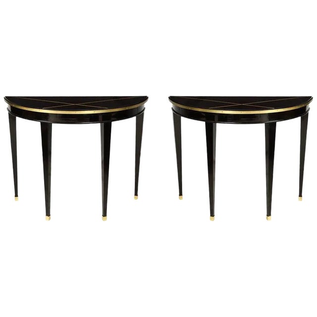 Bespoke Ebonized Demilune Consoles With Inlaid Brass Top - a Pair For Sale