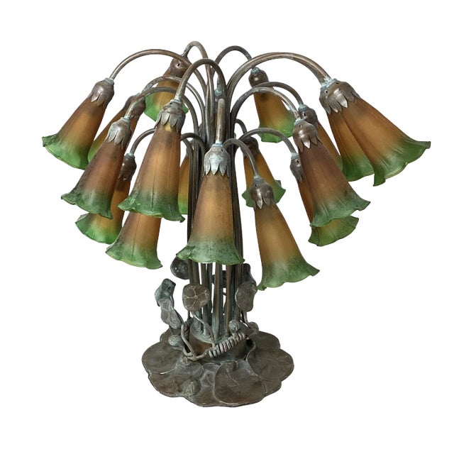 Vintage Tiffany Style Bronze Lily Flowers 18 Shade Georges Table Lamp For Sale