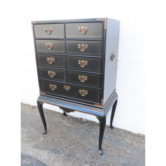 Hollywood Regency Drexel Painted Black Silver Jewelry Chest Lingerie Cabinet Queen Anne Legs 6330 For Sale - Image 3 of 17