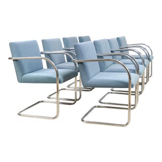 Mid Century Mies Van Der Rohe Model 504 Brno Gordon Blue and Chrome Tubular Arm Chairs, Set of 8 For Sale