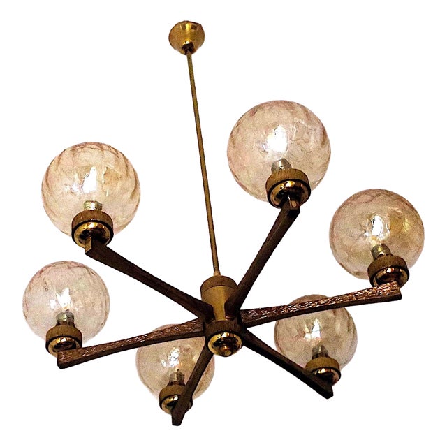 Intricate Gold-Plated Brass Chandelier with Six Globes by Angelo Brotto, Italy, 1960s For Sale