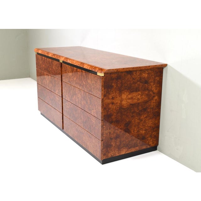 Italian Drawer Credenza in High Gloss Burl and Brass, Italy, 1970s For Sale - Image 3 of 15