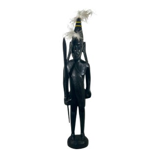 Vintage Mid-Century East African Hand-Carved Ebony Wood Warrior Statue - 18.5" For Sale