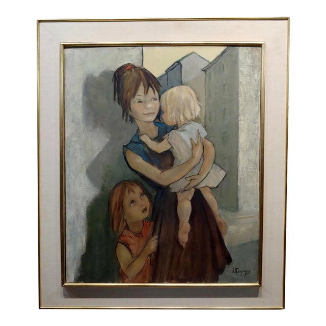French Mother With Her Two Kids Oil Painting by Pierre Le Faguays For Sale