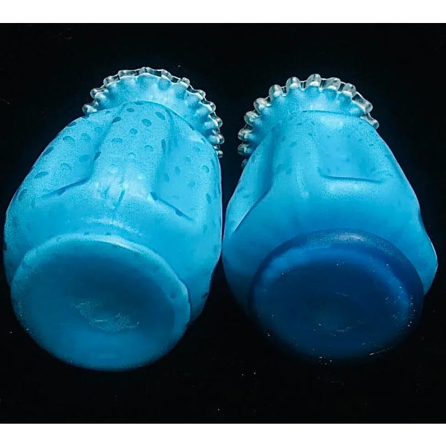 Glass Pair of 1920s Aqua Satin Webb Ruffled Polka Dot Cased Glass Vases For Sale - Image 7 of 9
