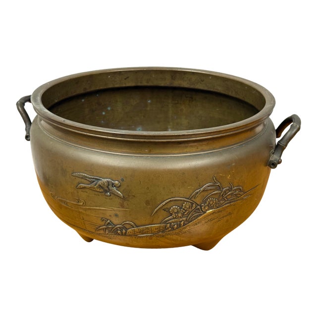 Antique Heavy Brass Cauldron With Oriental Ornamentation For Sale
