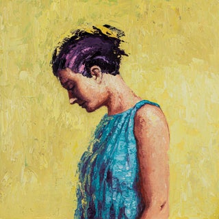 Quiet Reflection by Dominic Harman | Oil On Board Portrait of a woman in profile with a yellow background For Sale
