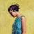 Quiet Reflection by Dominic Harman | Oil On Board Portrait of a woman in profile with a yellow background For Sale