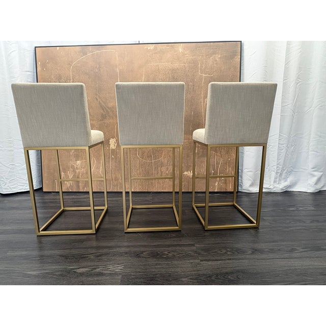 Sand Rh Emery Armless Fabric Counter Stools – Set of 3 Perennials® Performance Textured Linen Weave – Sand | Burnished Brass | Counter Height For Sale - Image 8 of 18