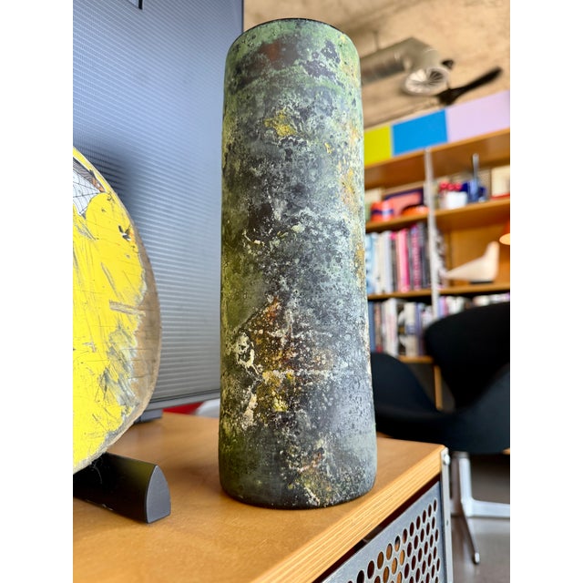 Yellow Vintage Murano Scavo Corroso Glass Cylinder Vase Acid Green and Yellow For Sale - Image 8 of 15