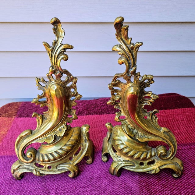1950s Mid Century Brass Plated Iron Chenets- a Pair For Sale - Image 5 of 7