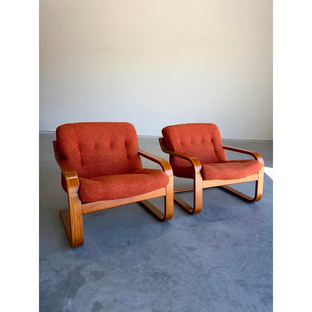 1970s 1970s Mid Century Westnofa Norway Cantilevered Bentwood and Orange Wool Lounge Chair Pair For Sale - Image 5 of 12
