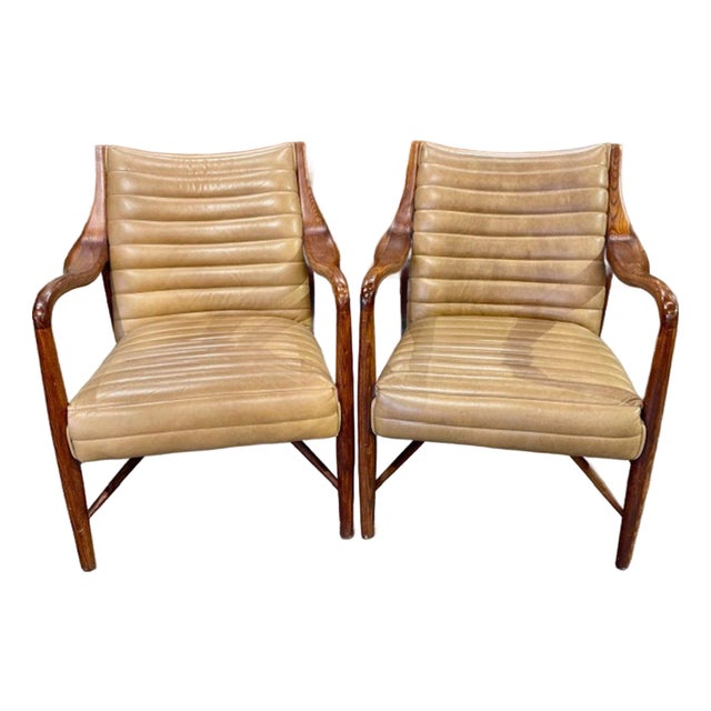 Pair of Vintage Danish Oak and Leather Club Chairs For Sale