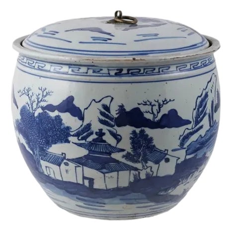 Hand Painted Stoneware Reproduction Ginger Jar W/ Landscape & Brass Ring For Sale