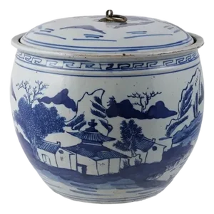 Hand Painted Stoneware Reproduction Ginger Jar W/ Landscape & Brass Ring