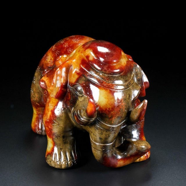 Early 20th Century Antique Hetian Jade Elephant Sculpture – 7.9" Carved Figure With Calligraphy For Sale - Image 5 of 9