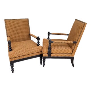Jacobean Louis XIII Style Bobbin Turned Lounge Armchairs Ebonized Nailhead Pair For Sale